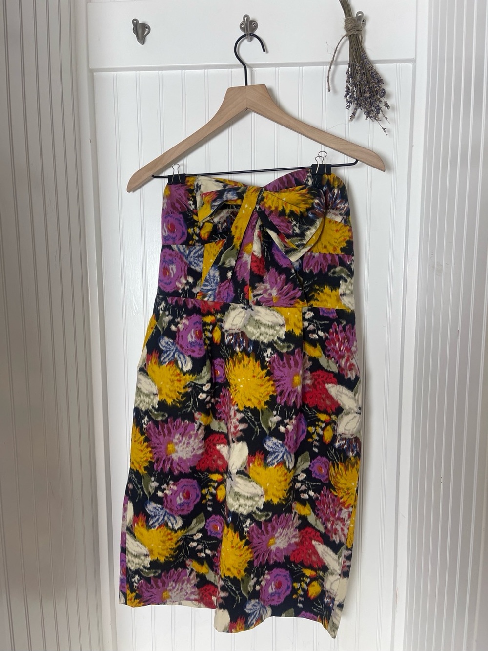 Anthropology Floral Strapless Midi Dress in Black, Yellow & Purple